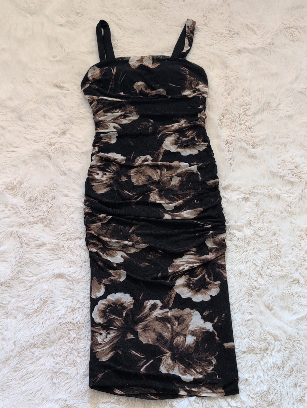 Feral Apparel black stretchy bodycon midi Black Floral Ruched Bodycon Dress